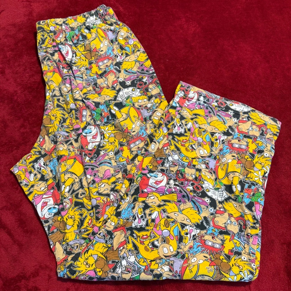 Nickelodeon Pajama Pants Mens Large 90s Cartoon Print Rugrats Hey‎ Arnold Yellow
